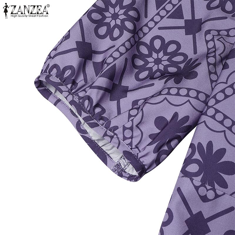 ZANZEA Women Casual Turn Down Collar Short Sleeve Summer Print Dress