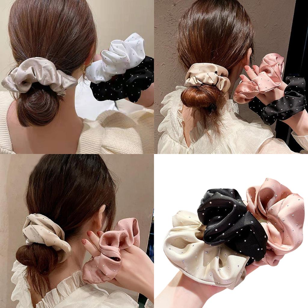 3PCS French Styles Rhinestones Scrunchie Elegant Ponytail Holder with Ruffle Fabric Fashion Hair Accessories for Women