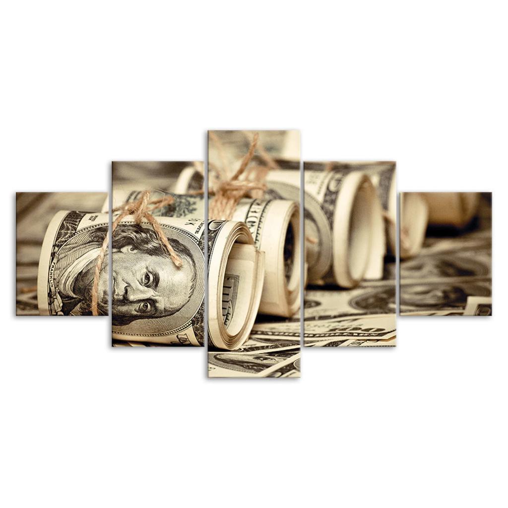 Dollar Bills Benjamin's Money Rolls Fiat Currency 5 Piece Five Panel Wall Canvas Print Modern Art Poster Picture Home Decor Gift For Him Her