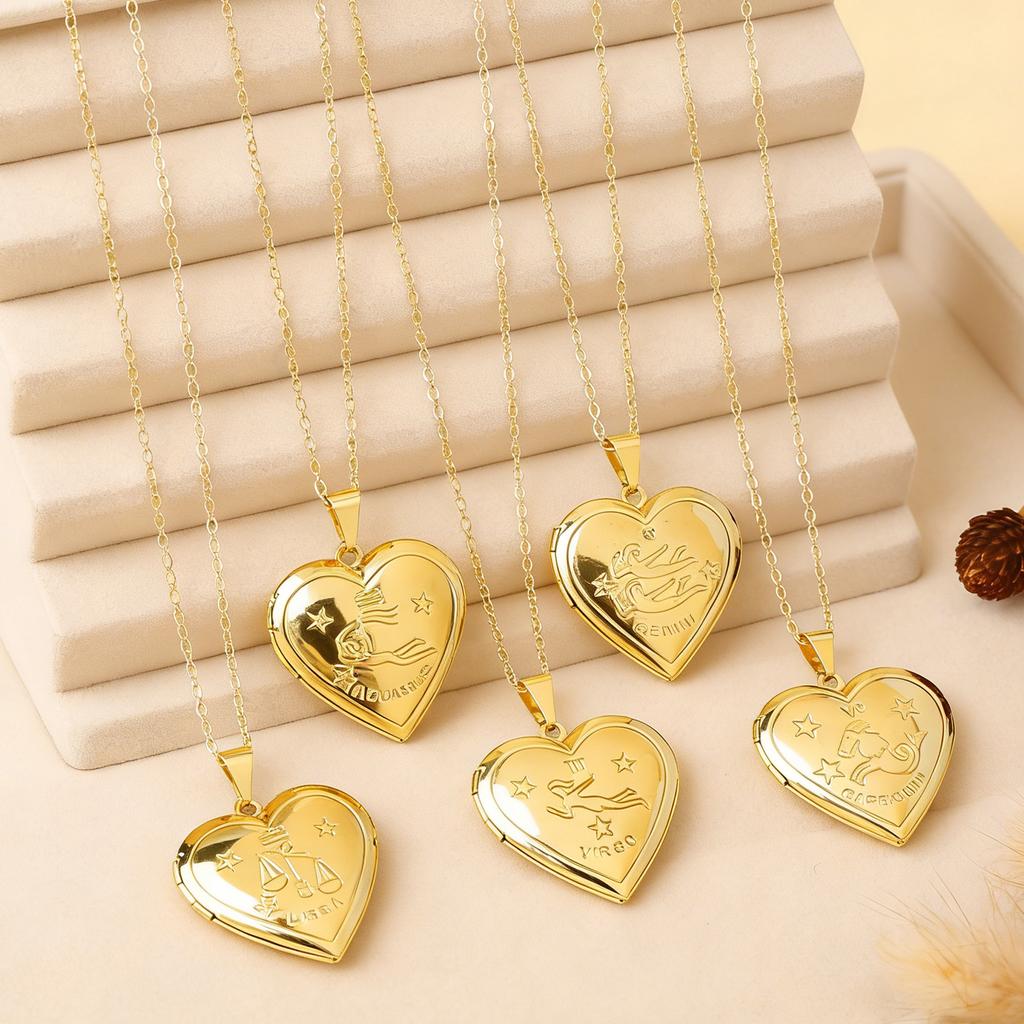 12 Zodiac Signs Openable Photo Frame Heart Locket Necklace for Women Gold Plated Astrology Horoscope Photo Pendant Jewelry Gift