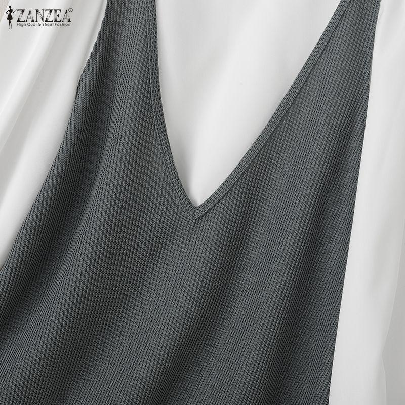 ZANZEA Women Casual Round Neck Long Sleeve Loose Patchwork Blouse