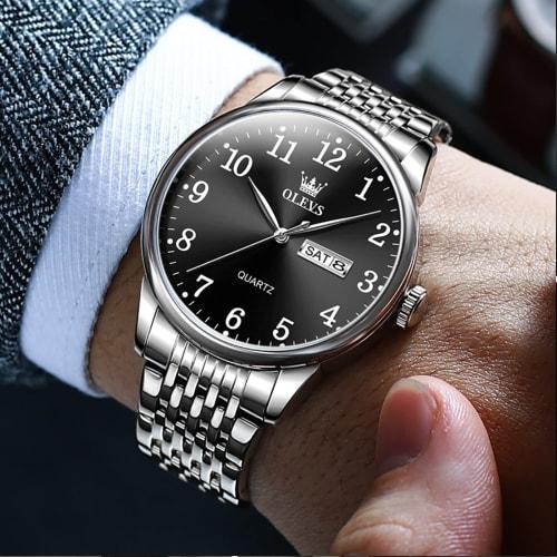 Olevs Tokei Watch Men's Black Simple Waterproof Watch Men's Stainless Steel Watch for Men Analog Silver Band Popular Wrist Watch Stylish Men's Busines