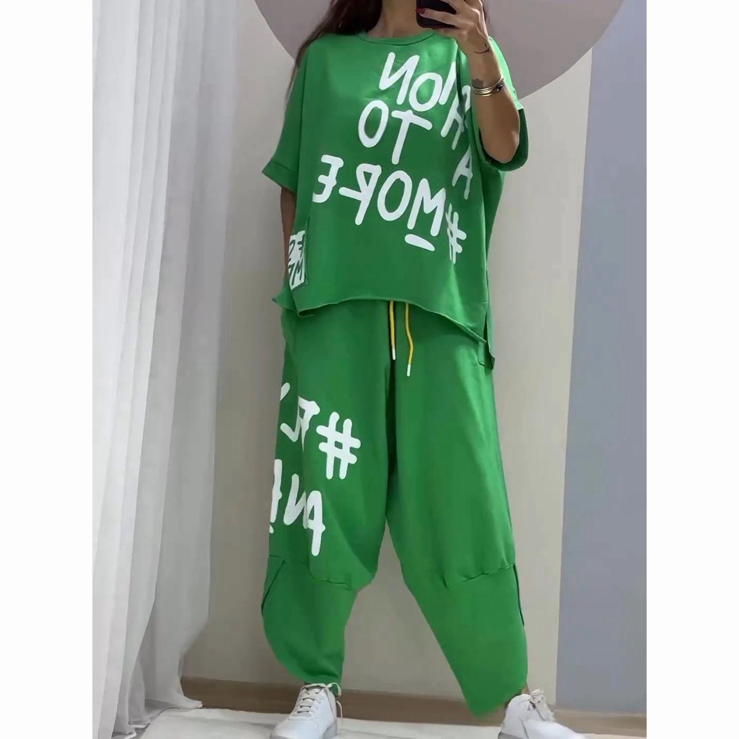 

Весенний повседневный женский комплект из двух предметов, круглый вырез, короткий рукав, свободные брюки, монограмма, принт, костюм размера плюс XXXXL зелёный