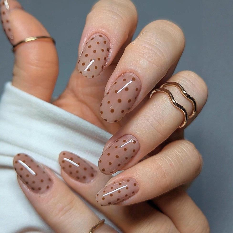 Coffee Polka Dot Short Oval Wearable Nail Tips