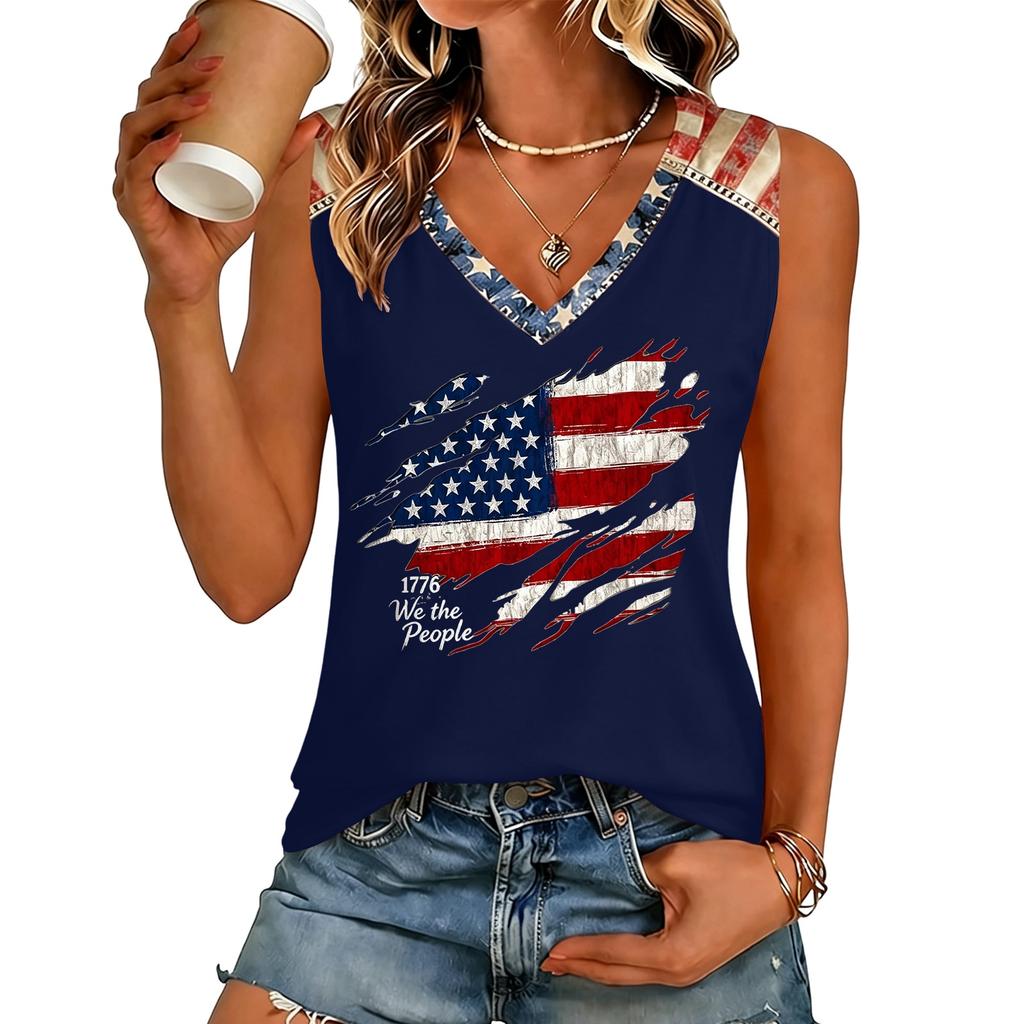 Women’s V Neck Casual Short Sleeve Top with Letter Print and Distressed Flag Graphic Lightweight Relaxed Fit Tee Shirt