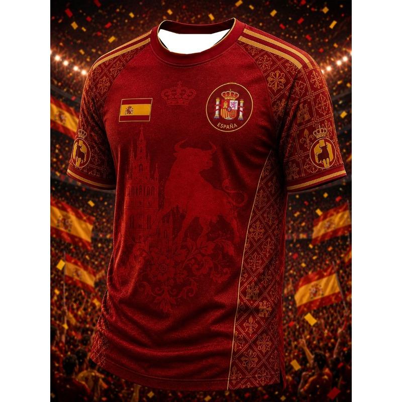 Bandiera Squadra Nazionale Spagnola 2026, Maglia da Calcio per Tifosi, Leone Retro 3D Asciugatura Rapida Sportivo Casual Top da Uomo Maglietta