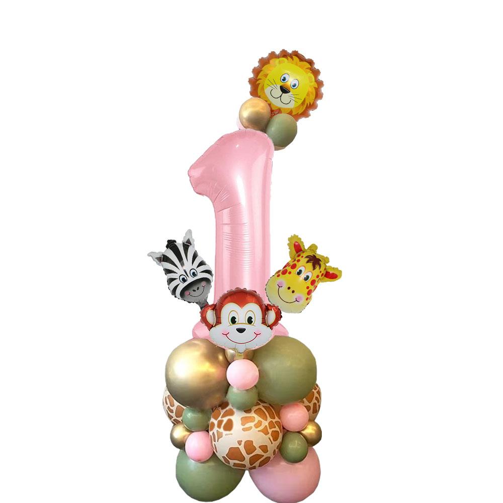 

1set Carton Animal Balloon Tower with Pink Number Balloon for Girl s Wild One Themed Jungle Safari Birthday Party Decorations as picture shows