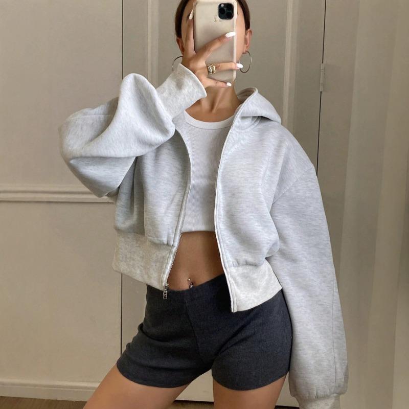 Women Short Zip Up Hooded Cardigan Batwing Sleeve Loose Streetwear Solid Color