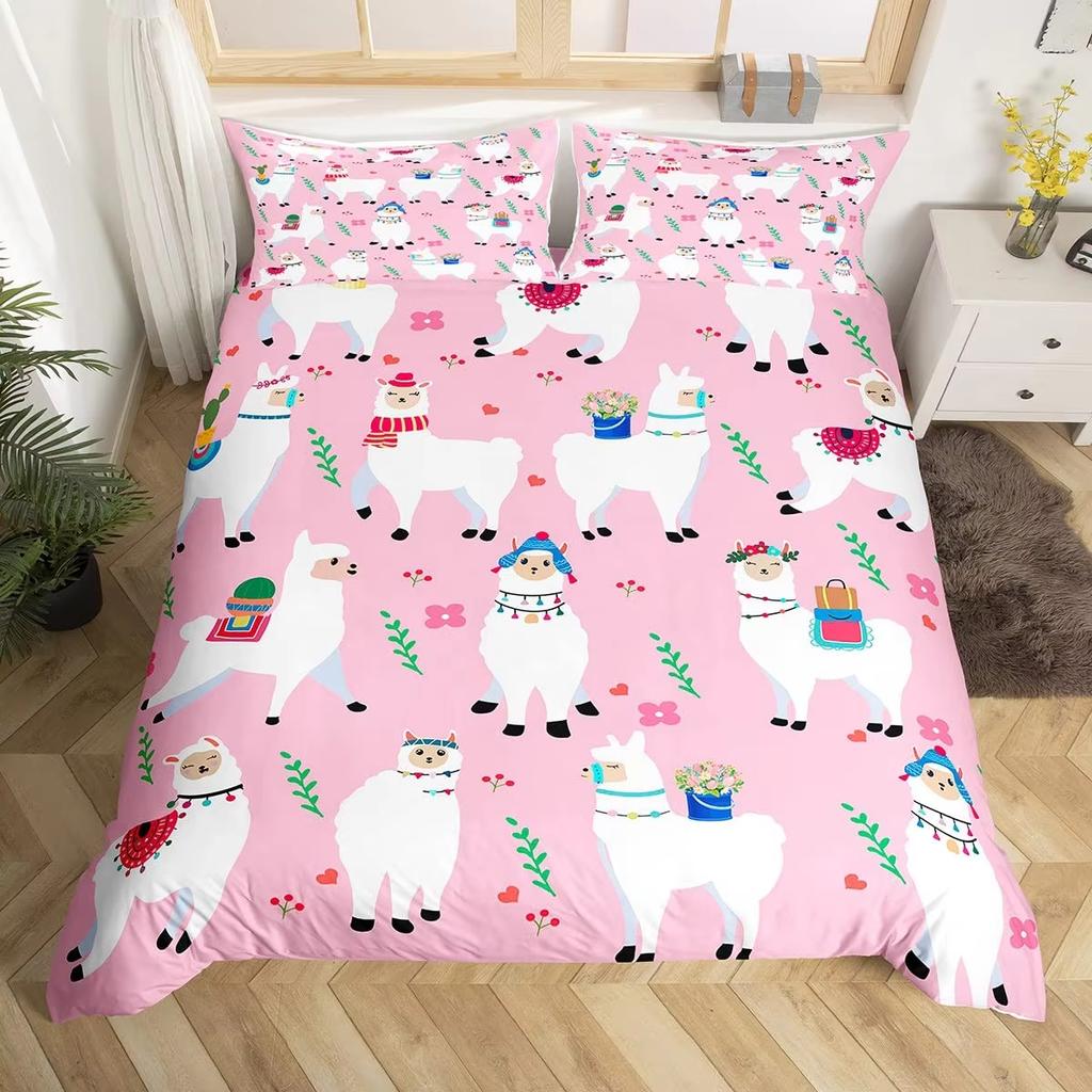 Alpaca Duvet Cover Set Boys Girls Cute Cartoon Animal Comforter Covers Kids And Teenagers Room Green Bedding 2/3 Pcs With Zipper