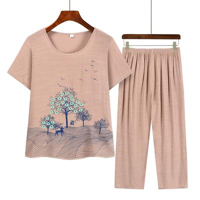 Costum Casual de Vară Larg pentru Femei, pentru Acasă, Poate fi Purtat Afară, Top cu Gât Rotund, Mânecă Scurtă Imprimat + Pantaloni Set Două Piese