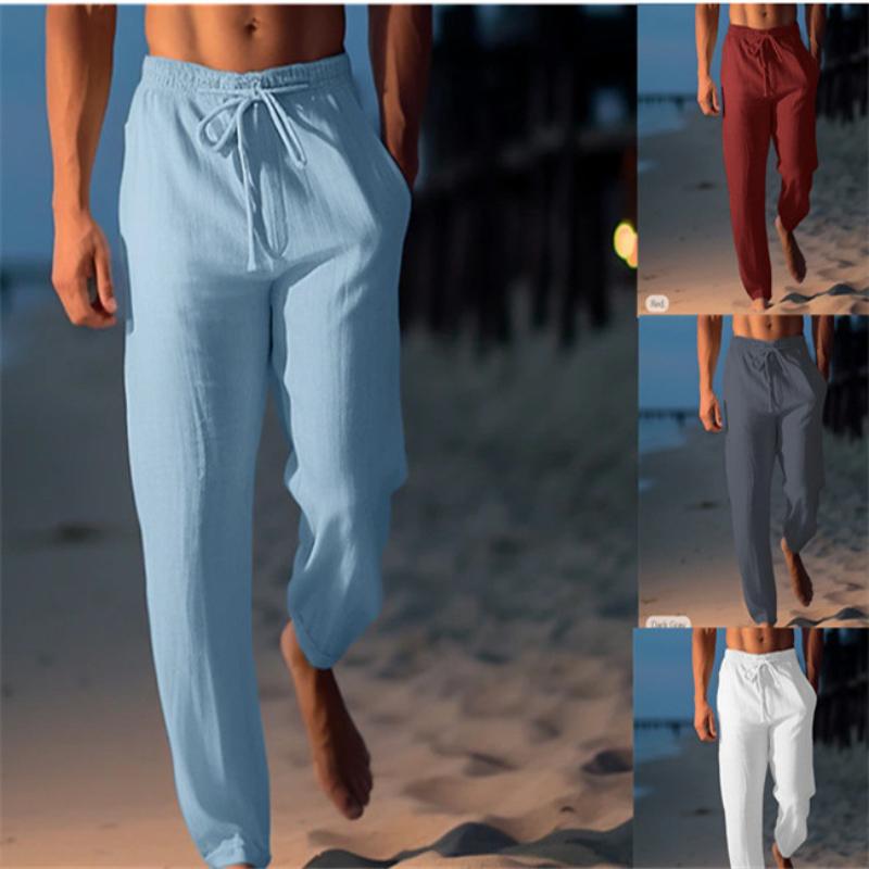 Men's Cotton Linen Trousers Summer Trousers Beach Trousers Drawstring Stretch Straight Trousers Comfortable Breathable Casual Daily Casual Trousers