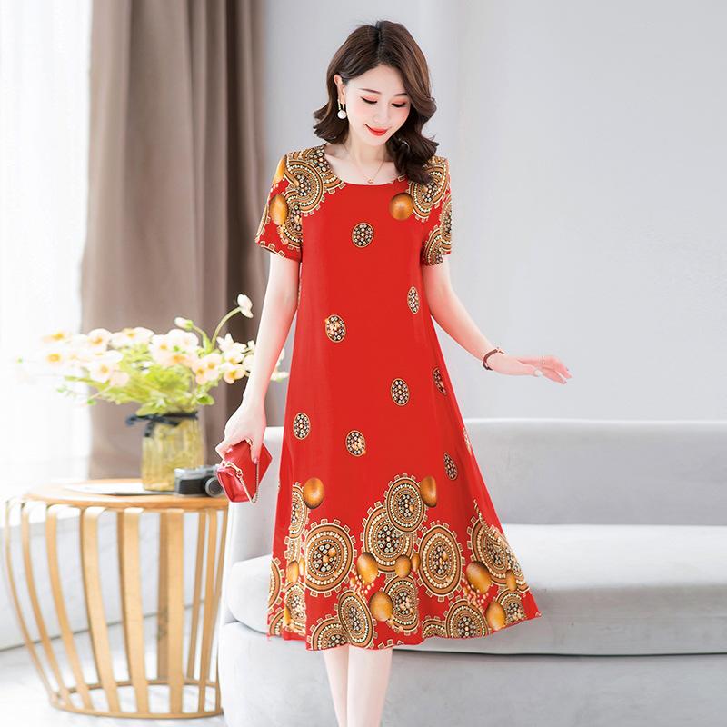 Women's Half Sleeve Print A-Line Dress Crew Neck Loose Waist Casual Summer Midi Rayon Dress For Middle-Aged Mothers Multiple Colors Optional