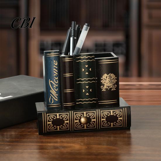 British Style Desk Accessory Wooden Book-Shaped Pen Holder, Retro Organizer with Drawer, Holder Creative Storage Container for Pens Notes Paper Clips
