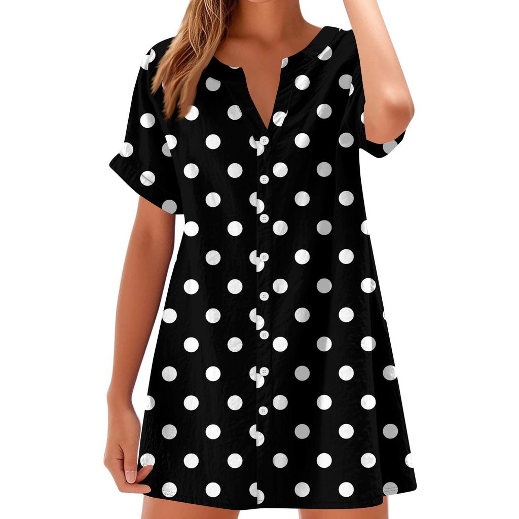 Women's Fashion Casual V-neck Short-sleeve Button Check, Tie-dye, Polka Dot Print Dress