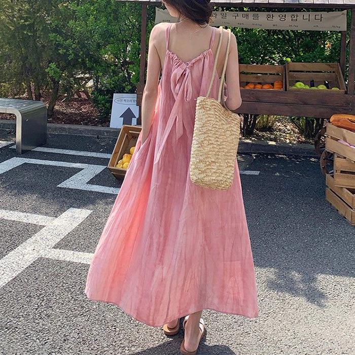 Summer 2025 Sleeveless Pink Slim Long Dress for Women: French Style, Age-Defying, Perfect for Seaside Holidays