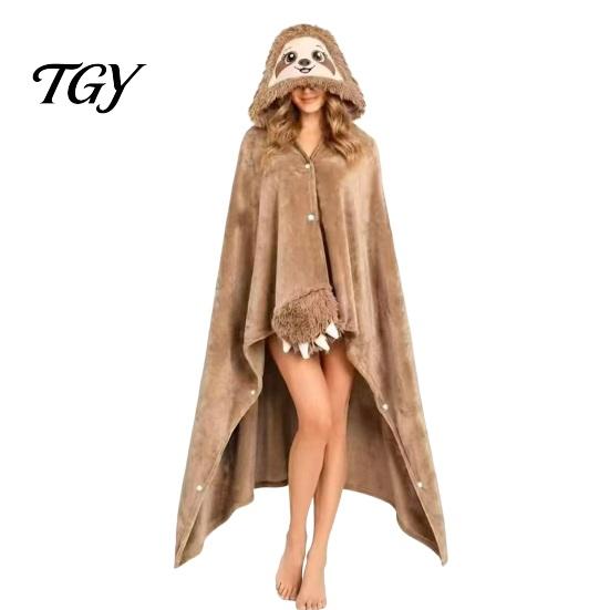 Versatile Pajama Cloak Halloween Wearable Blanket Hoodie, Cozy Hooded Highland Cow Cape, Soft Plush Sloth Black Cat for Women Home Loungewear