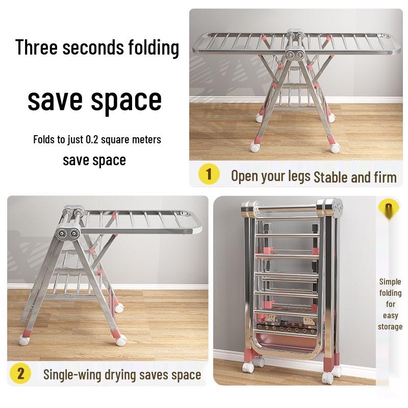 Wing-Shaped Folding Clothes Rack for Bedroom & Balcony - Retractable Floor-Standing Drying Rack.