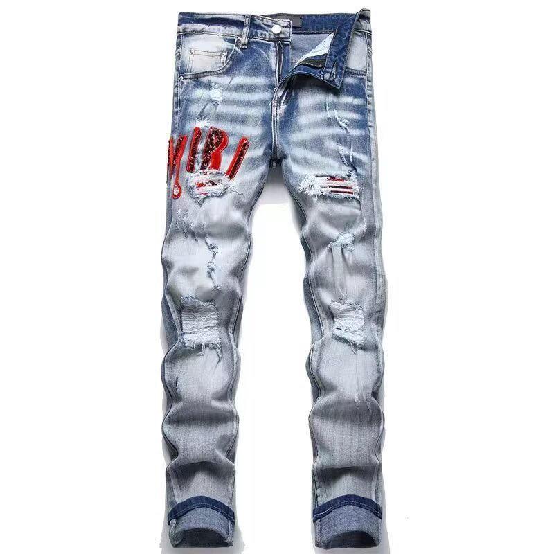 Punk Retro Blue Ripped Slim Fit Printed Men's Jeans