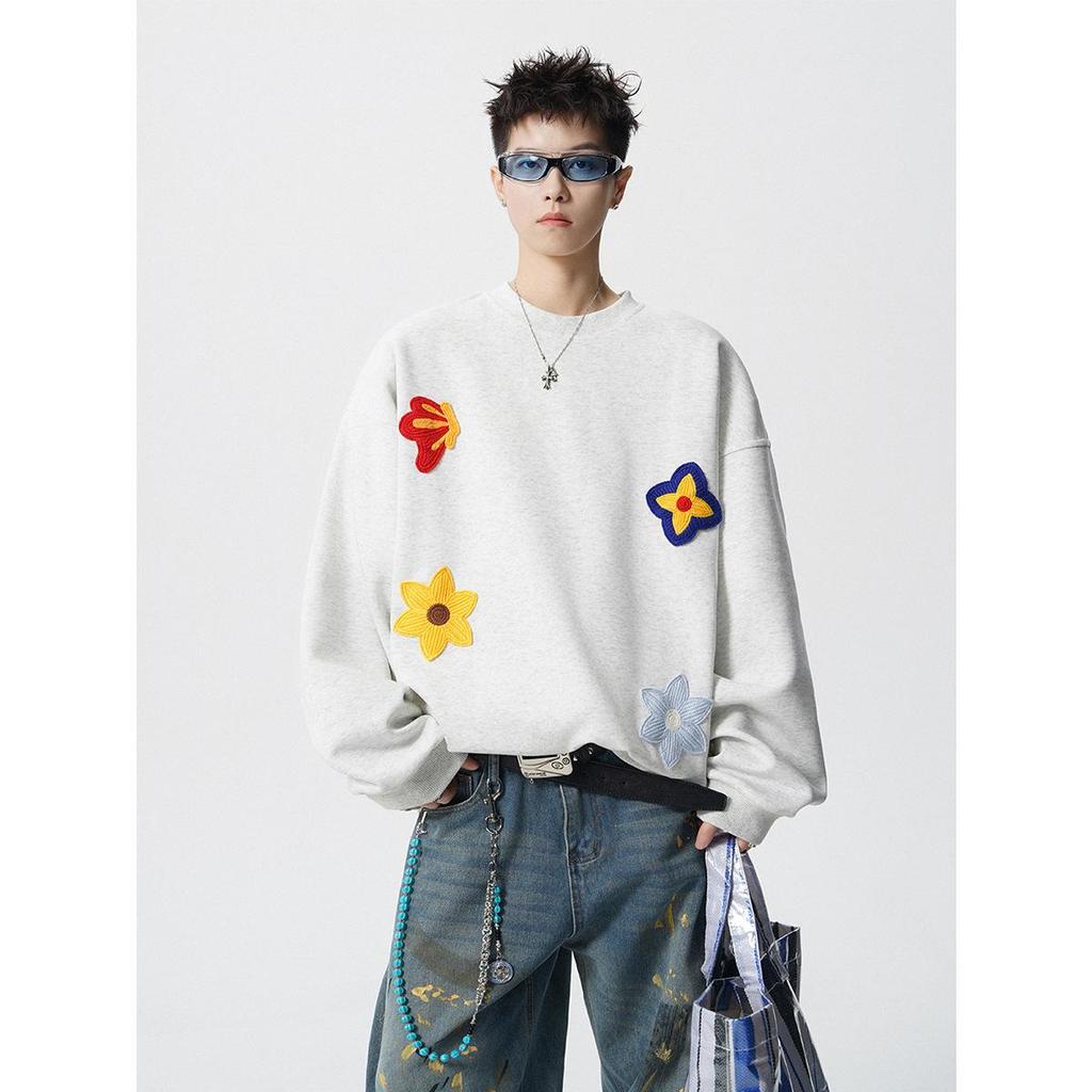 Unisex Floral Embroidered Sweatshirt - Spring & Autumn Trendy Round Neck Casual Base Layer