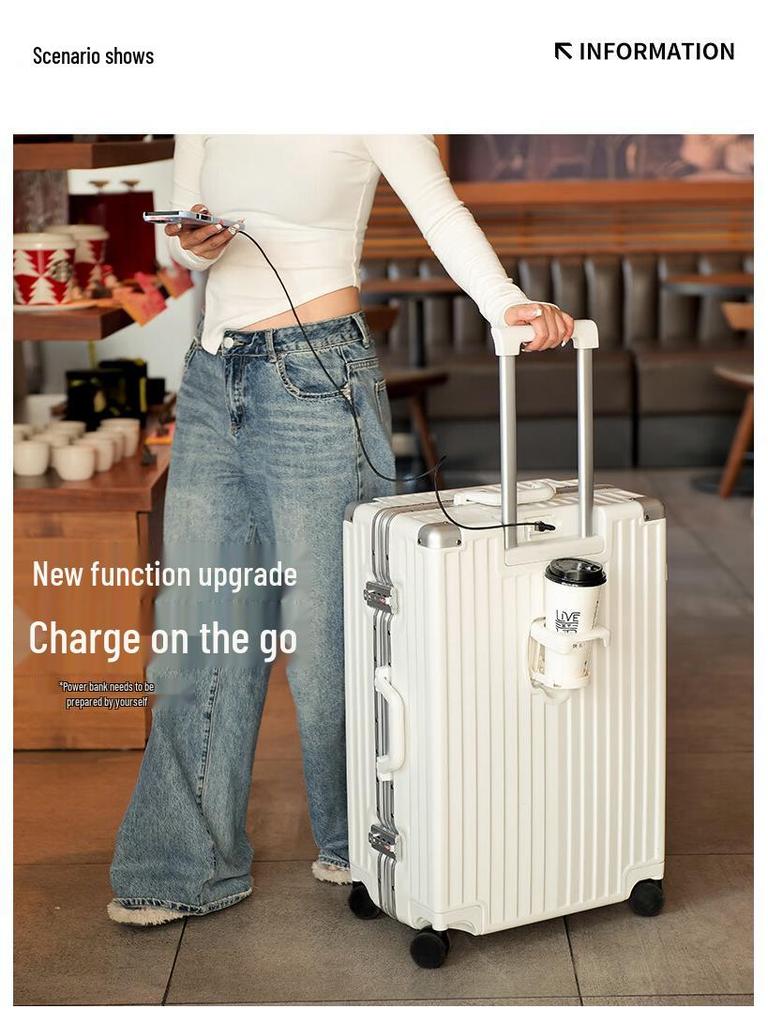 24" Aluminum Suitcase with Combination Lock - Large Capacity Trolley for Men, Women, and Students, 20" Carry-on with Leather Accents