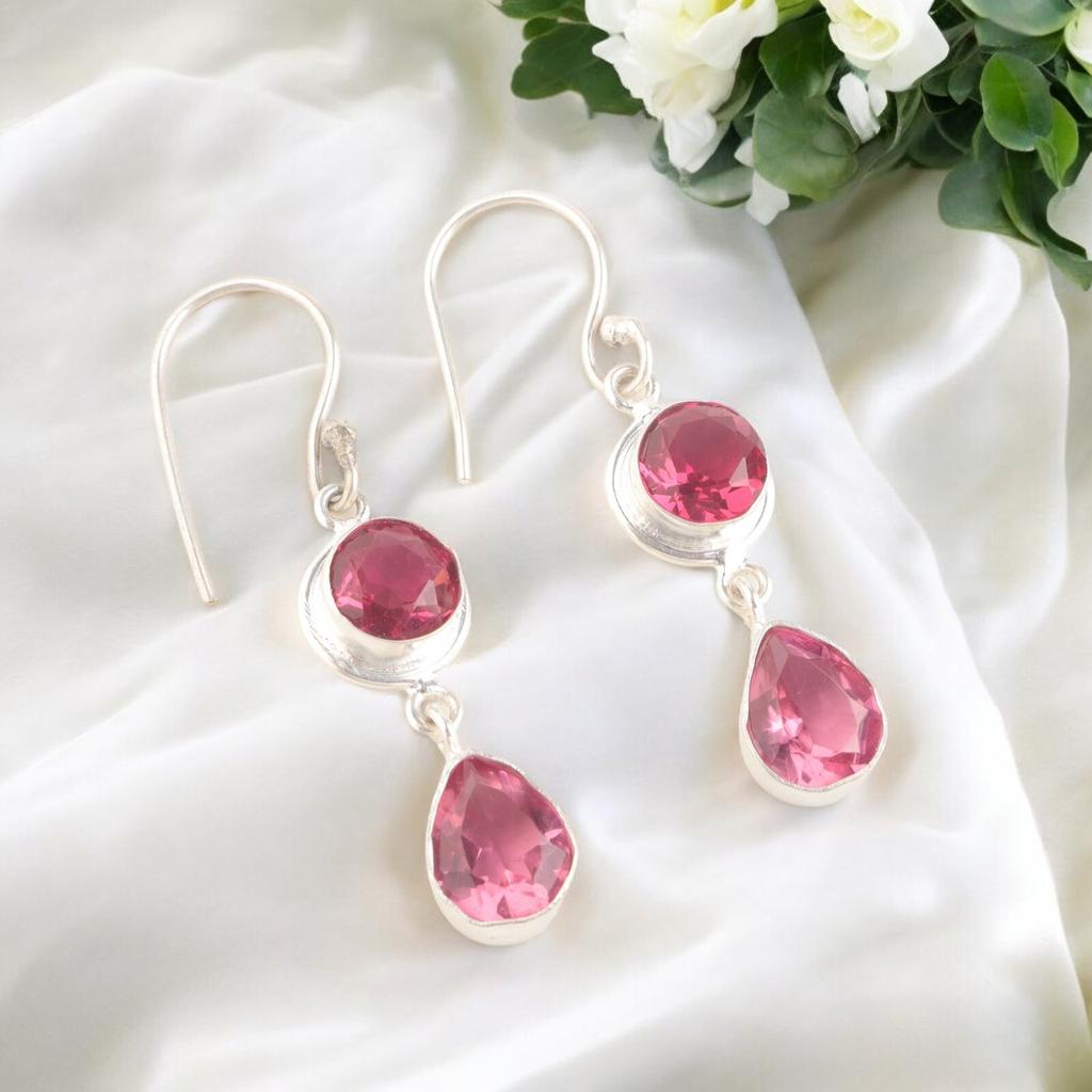 Natural Pink Tourmaline Silver 925 Sterling Silver Jewelry Handmade Earrings1.8" EE-142-13