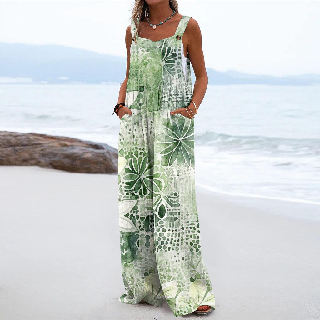 Damen-Overall mit weitem Bein, lässiger lockerer ärmelloser Overall, normaler bedruckter Knopf, lange Hosen, Taschen-Overall