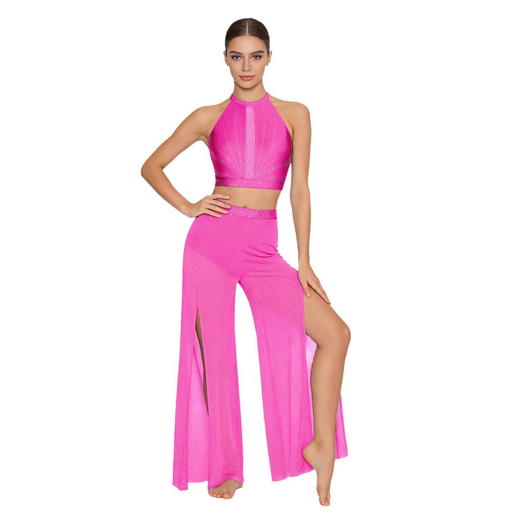 Womens Lyrical Dance Performance Outfit Sequin Hollow-out Tank Crop Top+Built-in Briefs Mesh Pants Modern Contemporary Dancewear