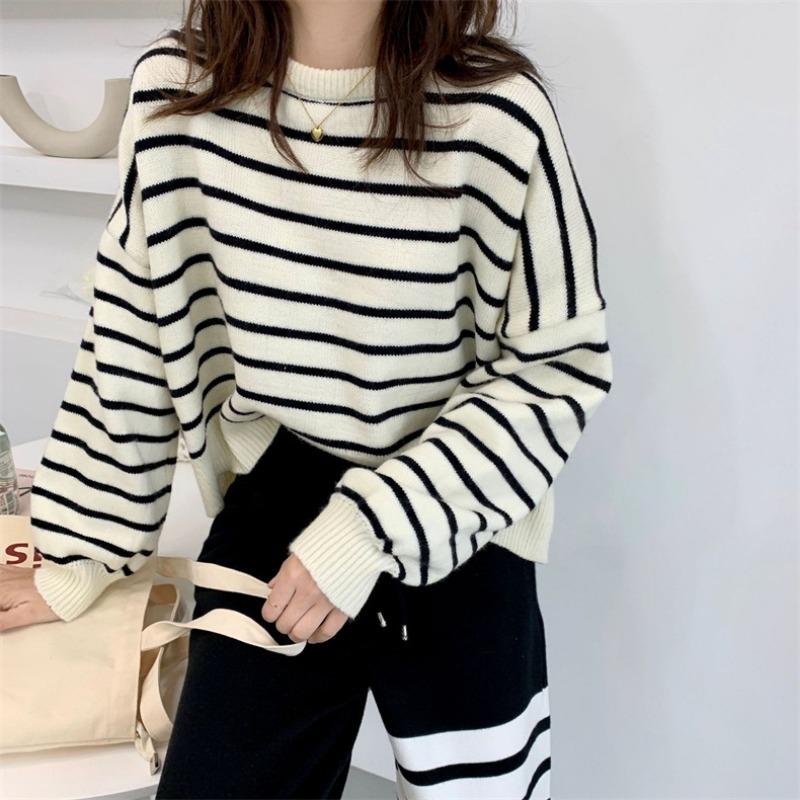 Back Slit Retro Short Section Round Neck Pullover Striped Sweater Female Thick Section Loose Round Neck Knitted Bottoming Shirt Outer Wear