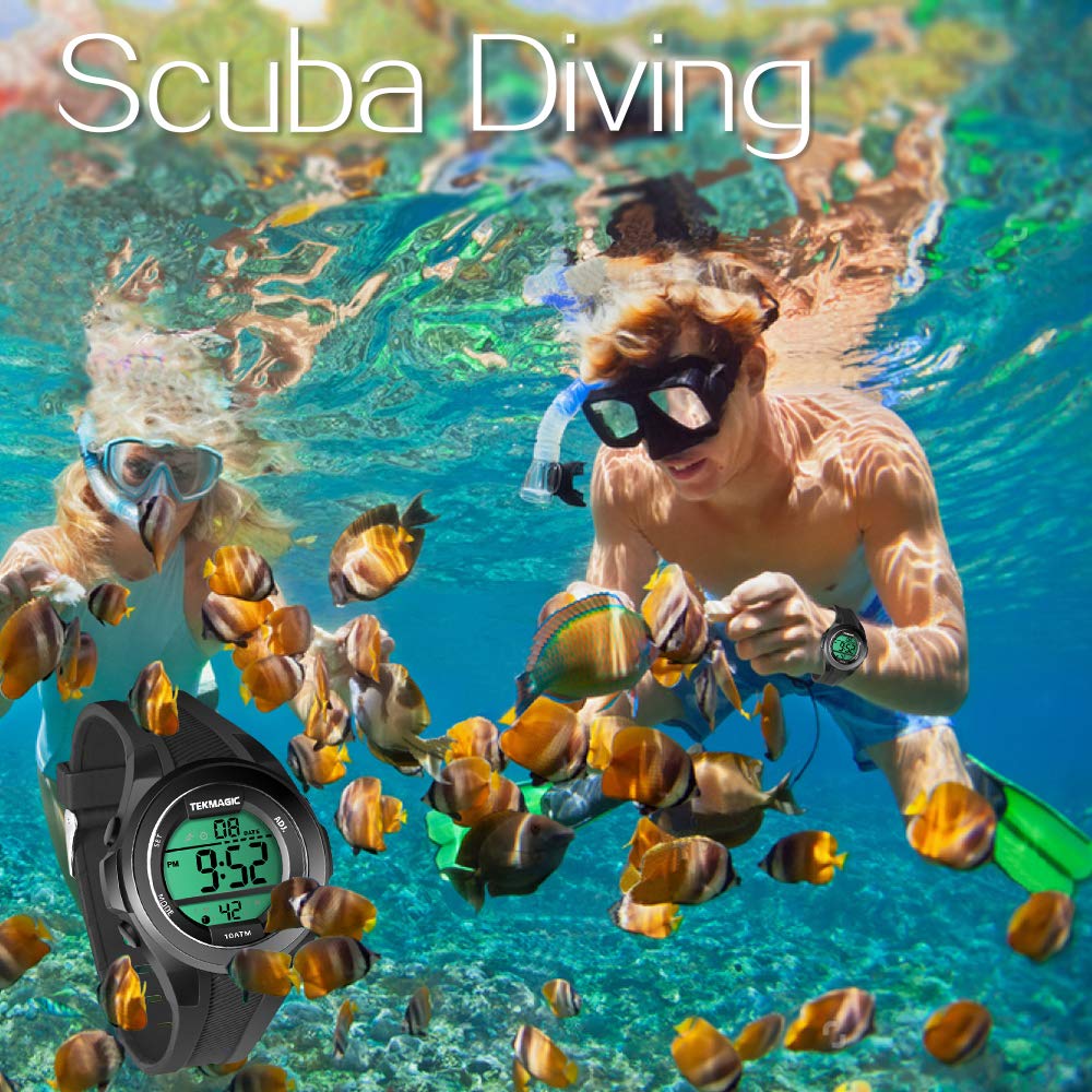 Boys' Watch for Swimming and Scuba Diving, 100m Underwater Stopwatch, Chronograph, Alarm, Dual Time Zone, 12/24 Hour Format