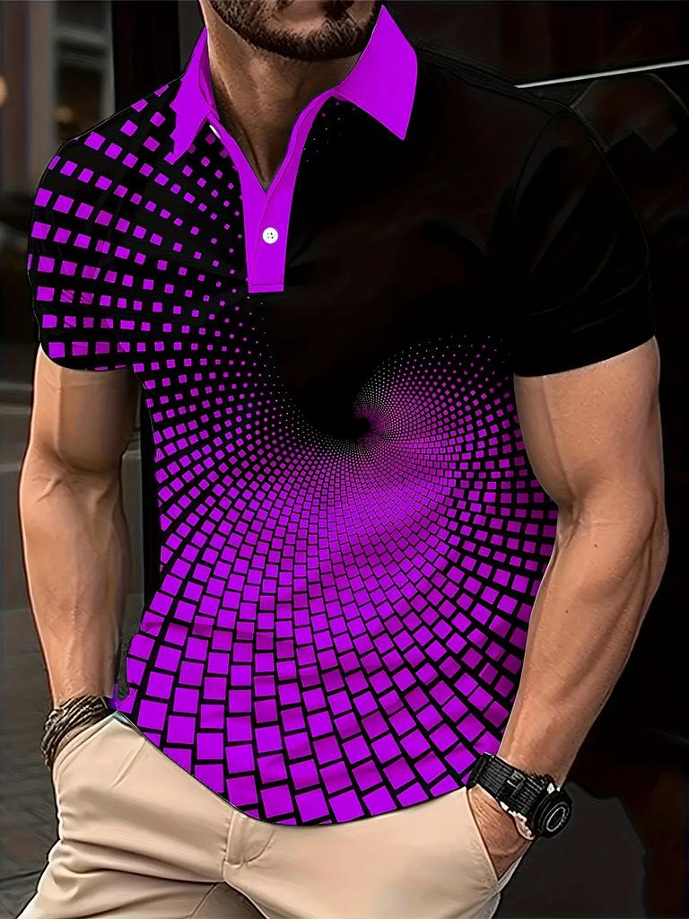 Stylish 3D Optical Illusion Polo Shirt, Short Sleeve Top