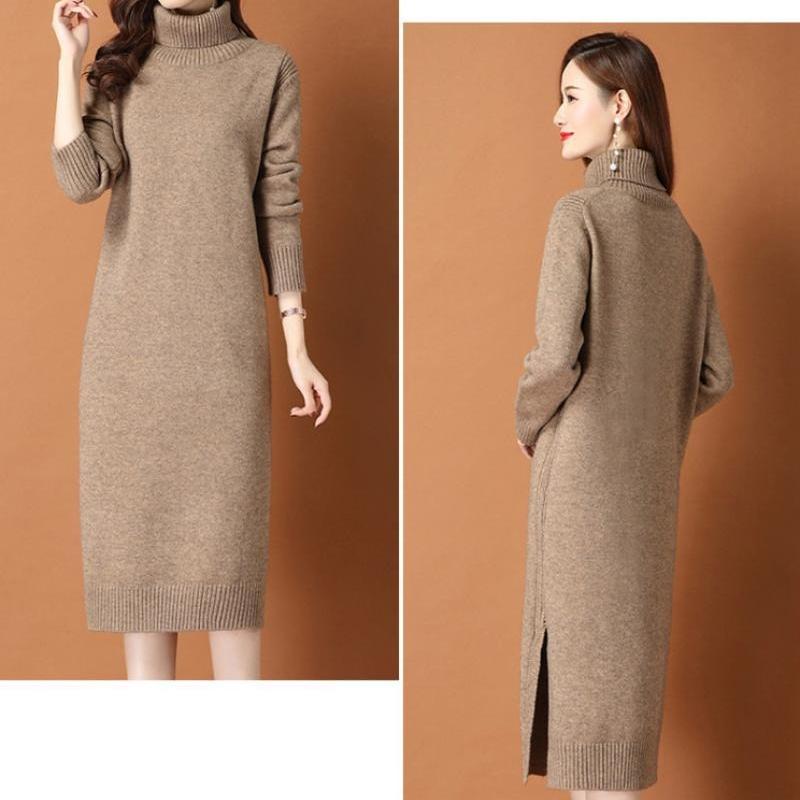 Turtleneck Sweater Dress for Women Solid Color Mid-length Knee-length Knitted Sweater Loose Long-sleeved Pullover Autumn and Winter