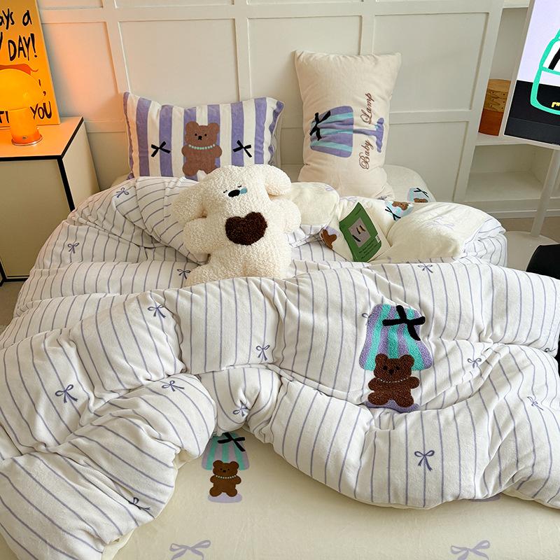 Love Cute Pet~ Thickened Milk Fleece Towel Embroidered Striped Love Rabbit Bed Four-Piece Coral Fleece 1.5 Meters