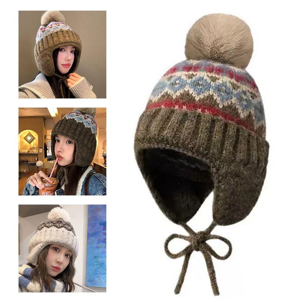 Ear Protection Knitted Cap Warm Beanie Hats Fashion Bomber Hat  for Women