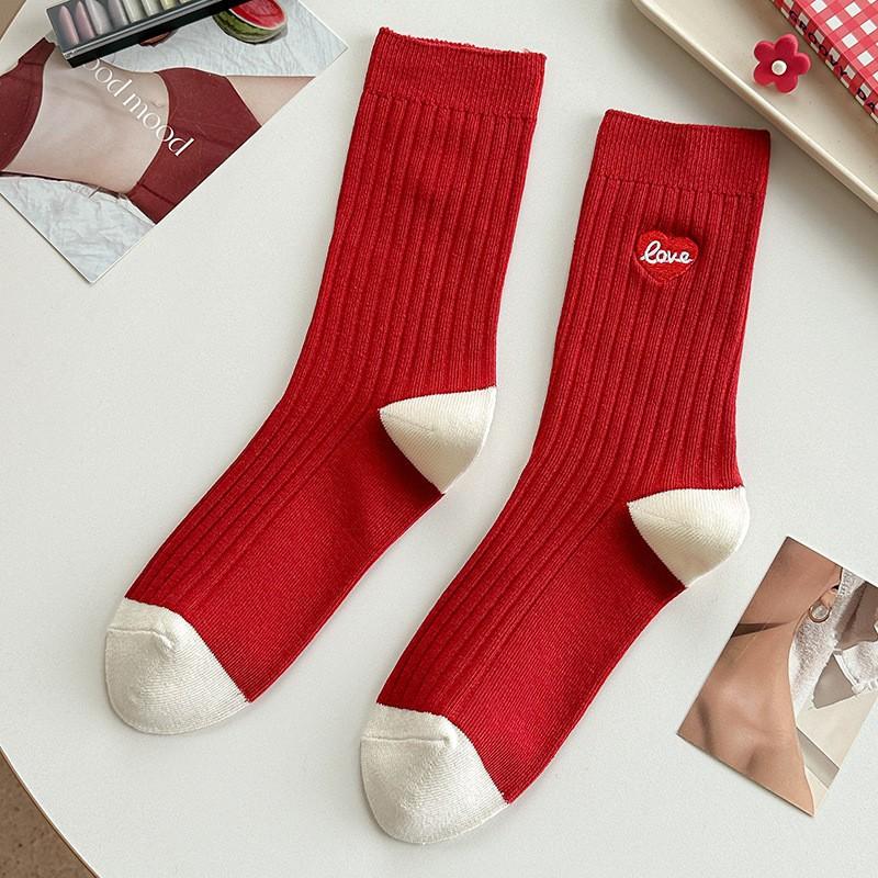Double Needle Embroidered Red Socks Pure Cotton Boneless Stacking Socks Striped Love Letter Big Red Medium Tube Socks one size