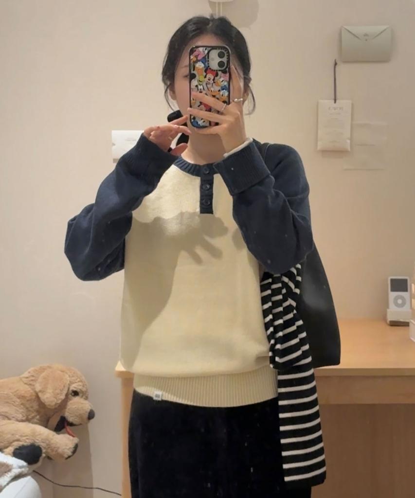 CGP (Women) Henley Neck Raglan Color Block Knit_Cream