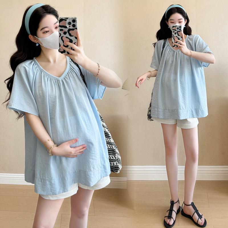 

Maternity V-neck Sweet Doll Top & Belly Support Shorts Set 2026 M
