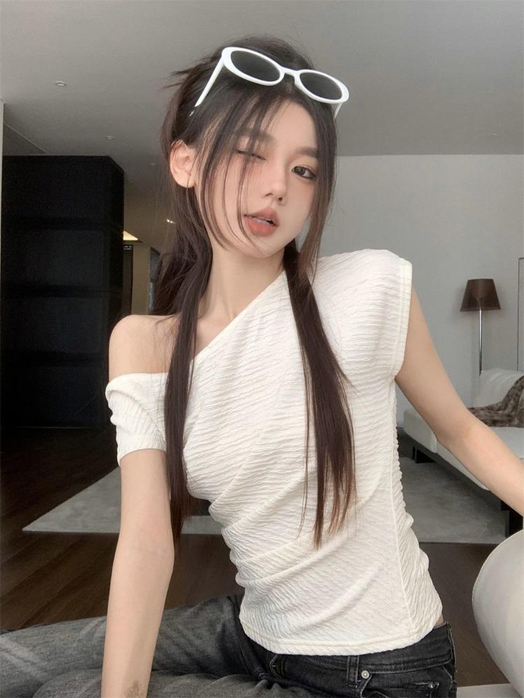 Women Summer Cropped T-Shirt Off Shoulder Sexy Slim Fit Short Sleeves Tops Fashion Sensibility Design Solid Elegant Clothing