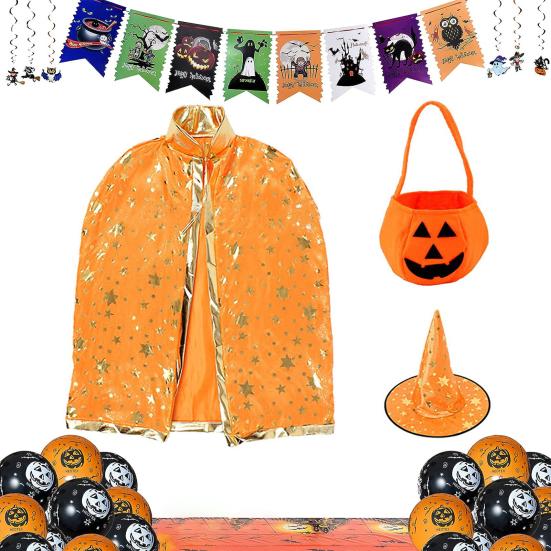 Child Witch Costume Unique Anime Cosplay Cape Hat Set Sparkling Pentagram Design with Pumpkin Bag Halloween Party Supplies