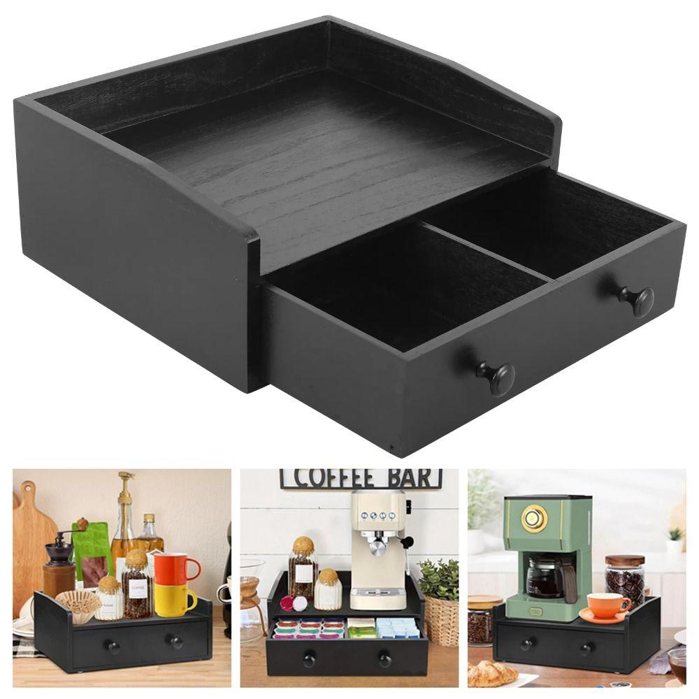 Wood Coffee Machine Base Drawer Space Saver Black Countertop Cabinet Organizer Non-slip Rubber Pads Organizes Compartment