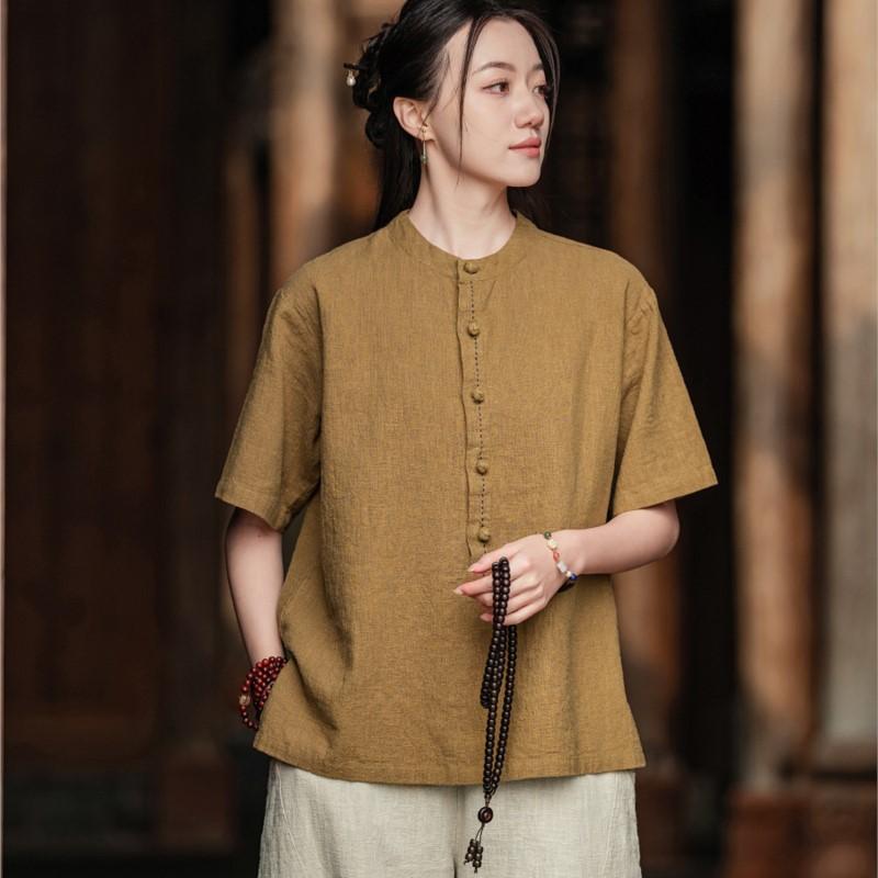 

Johnature Women Vintage T-Shirts Stand Short Sleeve Summer Cloths Button Solid Color Loose T-Shirts One Size жёлтый