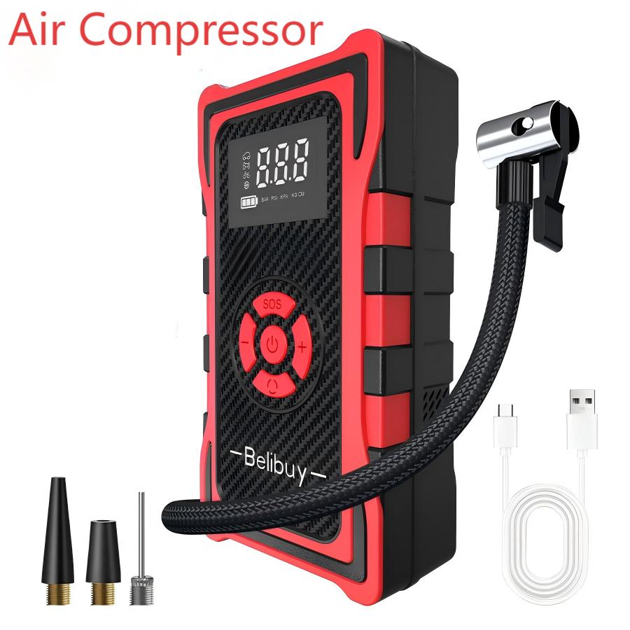 Portable 150PSI air pump, emergency car jump starter, power bank, LED lighting, air compressor,car starter suitable for all cars Battery Powered