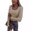 Women's U Neck Long Sleeve Tee Slim Fit Casual Ribbed Knit Solid Color Spring Basic Top