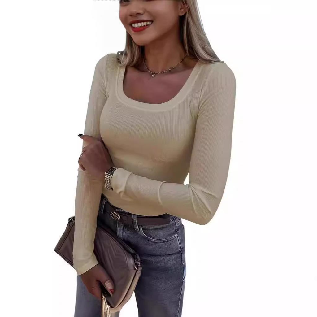 Women's U Neck Long Sleeve Tee Slim Fit Casual Ribbed Knit Solid Color Spring Basic Top