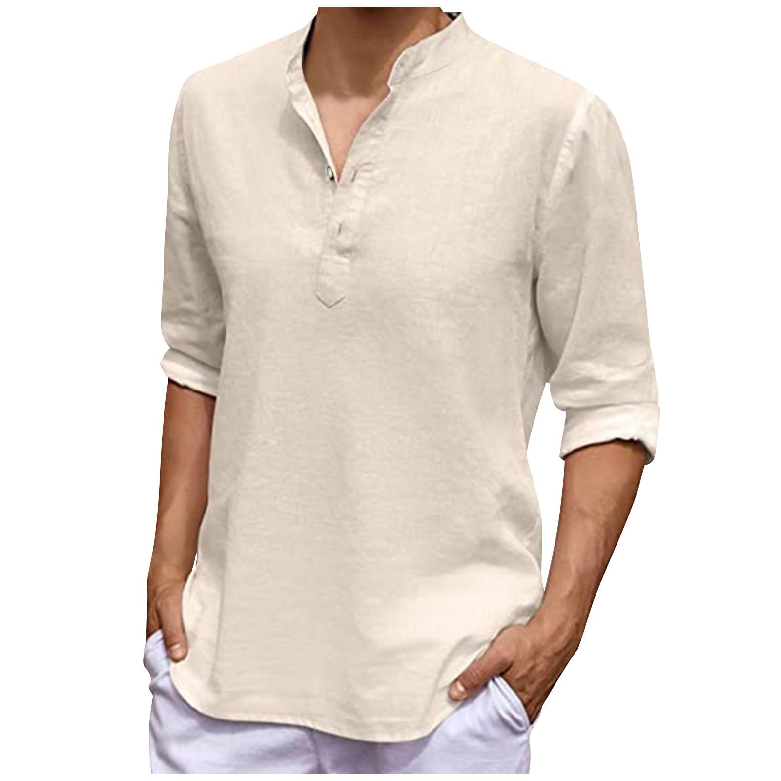 

Дизайнерські весна-літо чоловічі повсякденні бавовняні лляні однотонні сорочки з довгими рукавами Вільні сорочки XXL бежевий