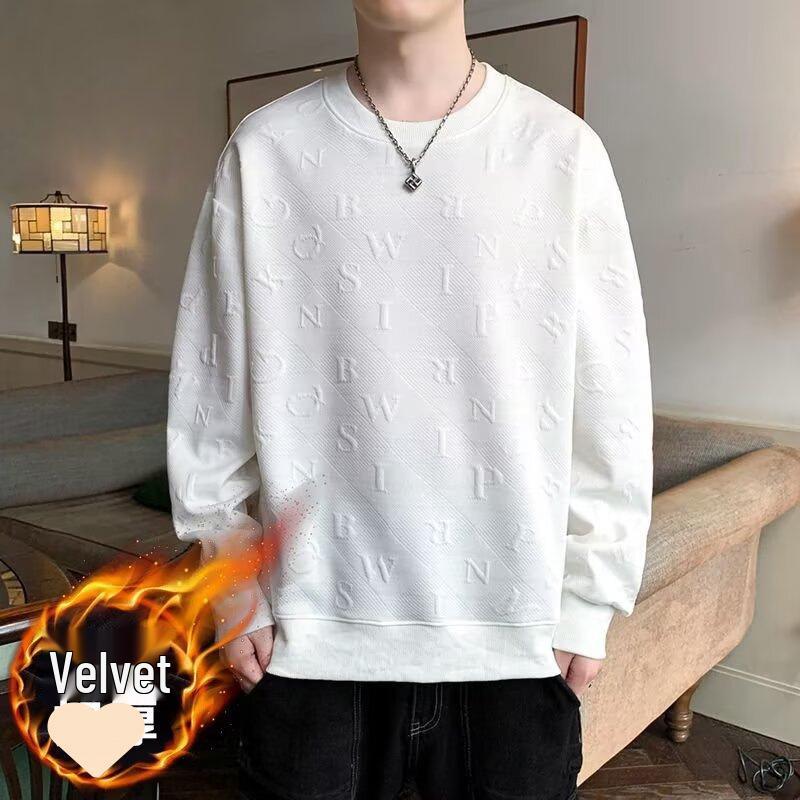 Moletom de Veludo Estilo Coreano Masculino de Inverno - Tendência Loose Fit, Cor Sólida, Gola Redonda