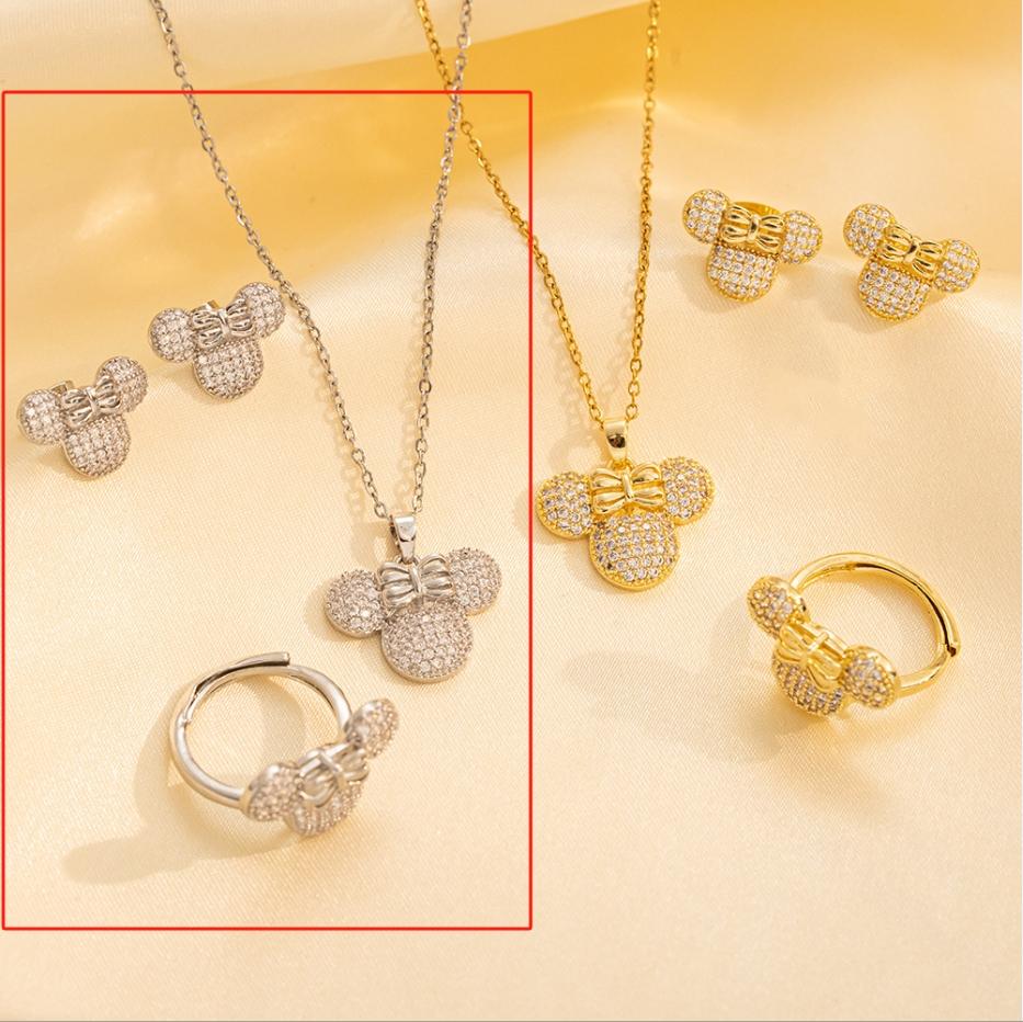 Cartoon Bow Mouse Studded With Zircon Necklace Earring Ring Set for Women Girl Stainless Steel Chain Sweet Gift for Friends Kids