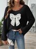 Bowknot Embroidered One-Shoulder Bell Sleeve Women's Pullover Sweater