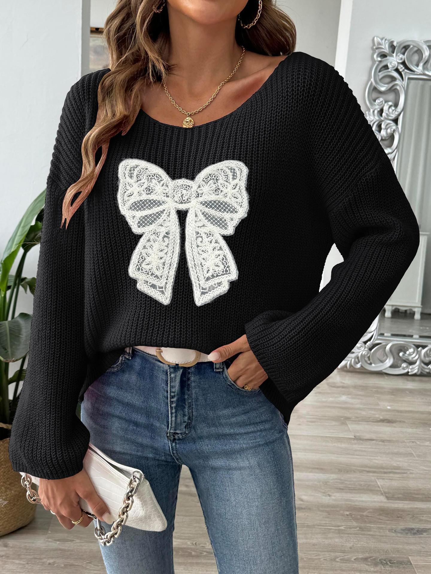 

Bowknot Embroidered One-Shoulder Bell Sleeve Women s Pullover Sweater Medium
