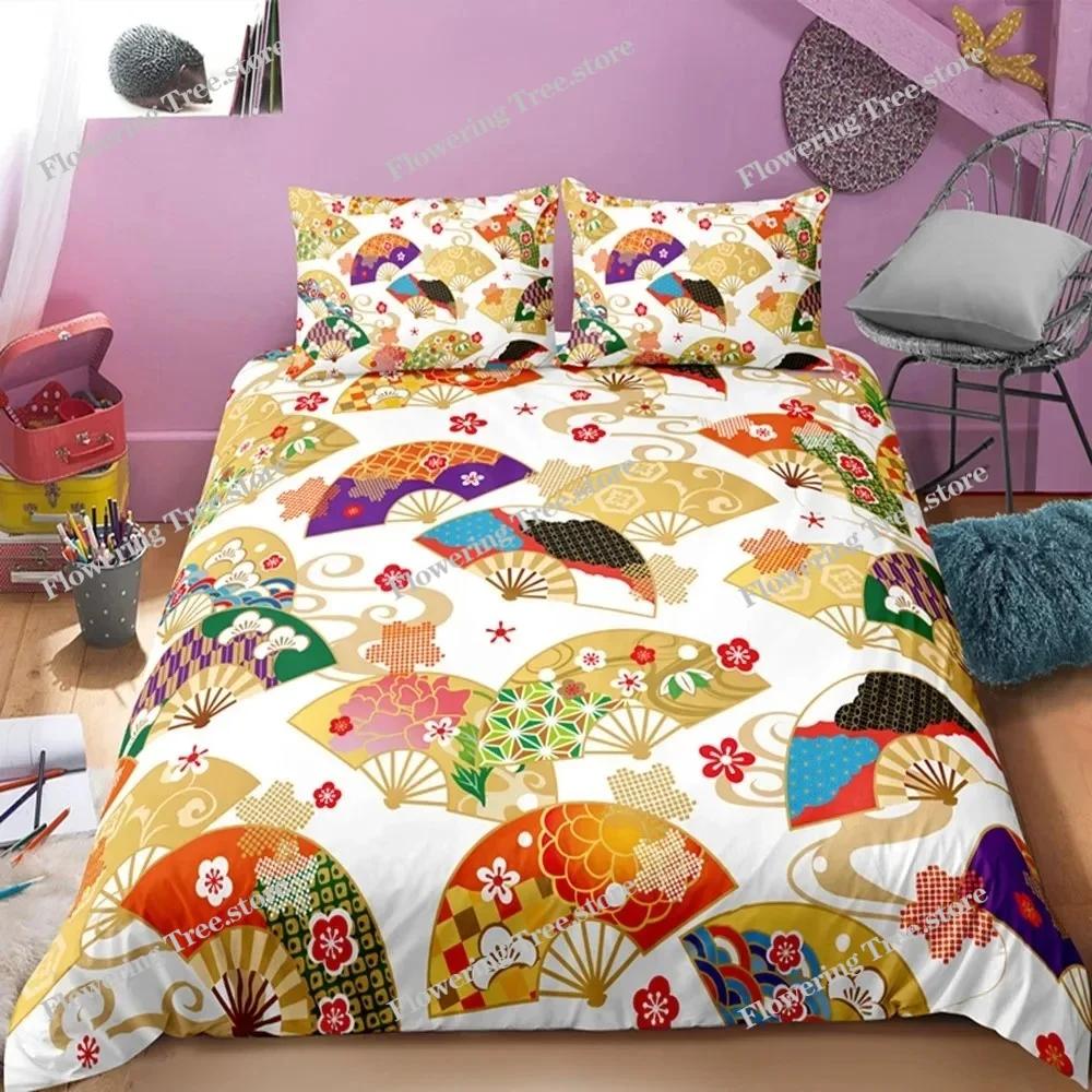 Japanese Doll Duvet Cover King Queen Lucky Cat Fan Bedding Set for Kids Girls Asian Japan Cultural Polyester Quilt Cover