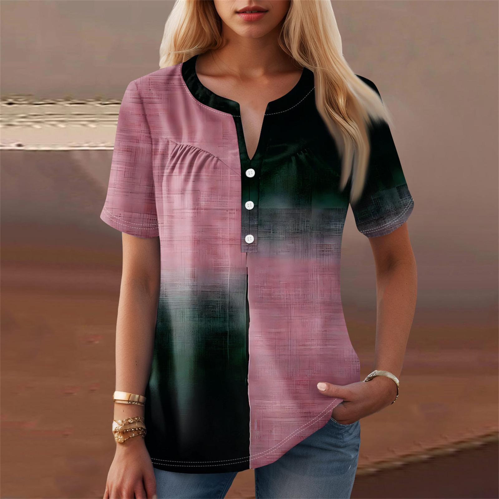 

Женская повседневная футболка с v-образным вырезом и коротким рукавом с цветочным принтом и декоративными пуговицами, топ XXXL розовый